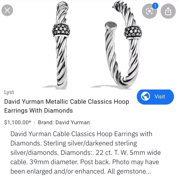 David Yurman Cable Classics Diamond Hoop Earrings - Picture 7 of 8